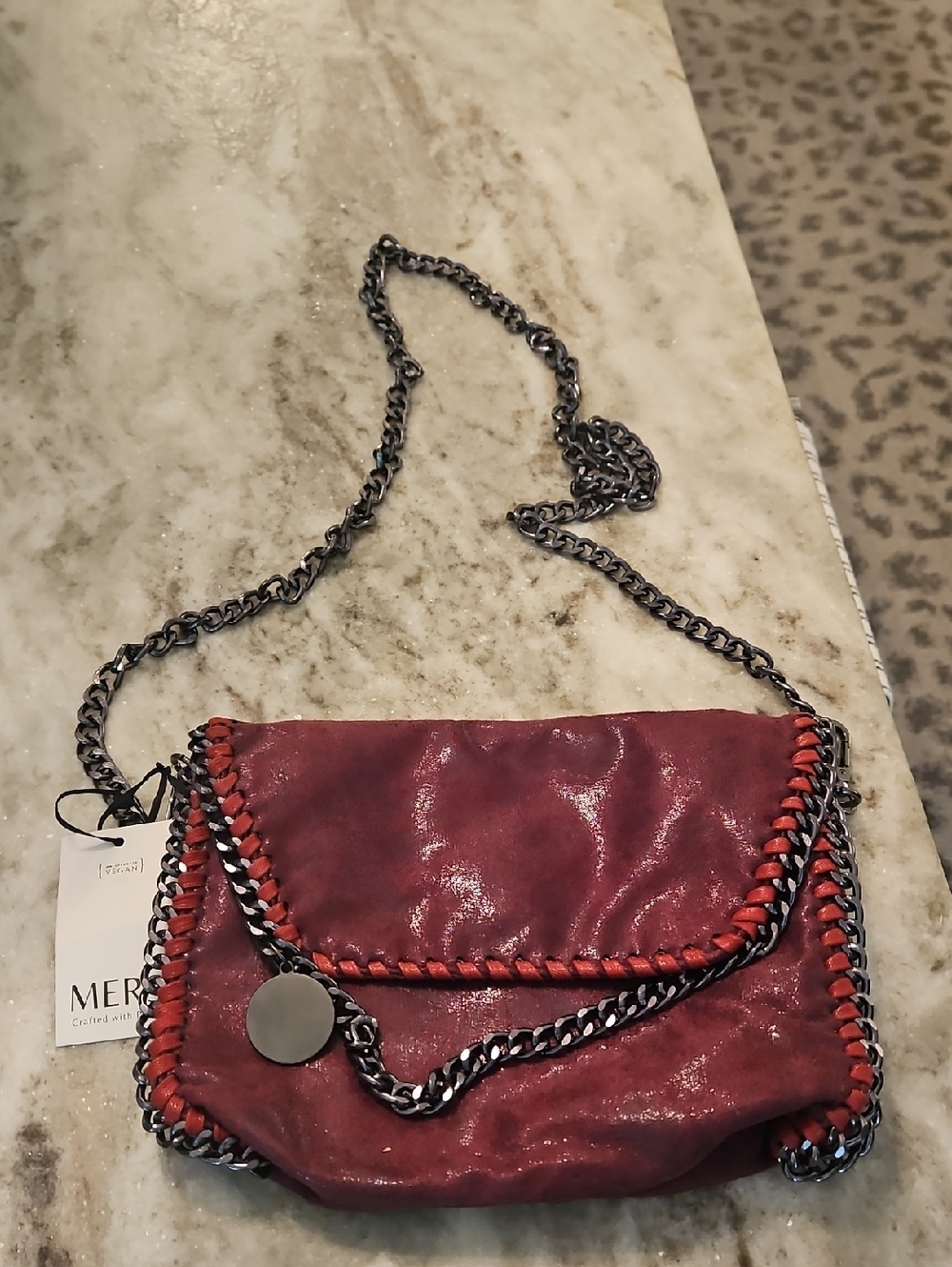 Mersi  Metallic Burgundy Crossbody Bag with Chain
